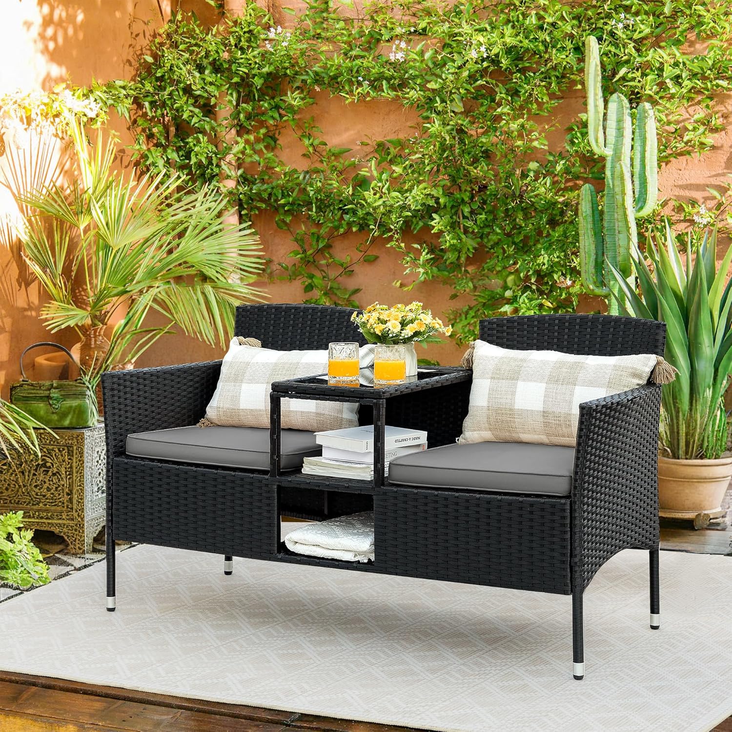 Outdoor Furniture Patio Loveseat Wicker 2-Seat with Built-in Table and Cushions Rattan Porch Chairs Bench for Balcony, Lawn, Backyard (Beige)