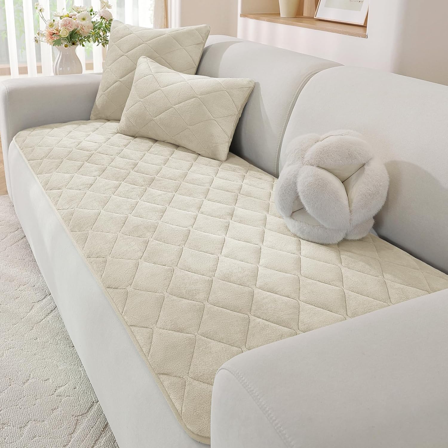 Fuzzy Pet Couch Covers for Dogs Washable, Non Slip Couch Covers for 2 Cushion Couch Pet Friendly, Thick Soft Loveseat Covers, Dog Couch Cover Protector Couches Mat (27.6" X 59", Beige)