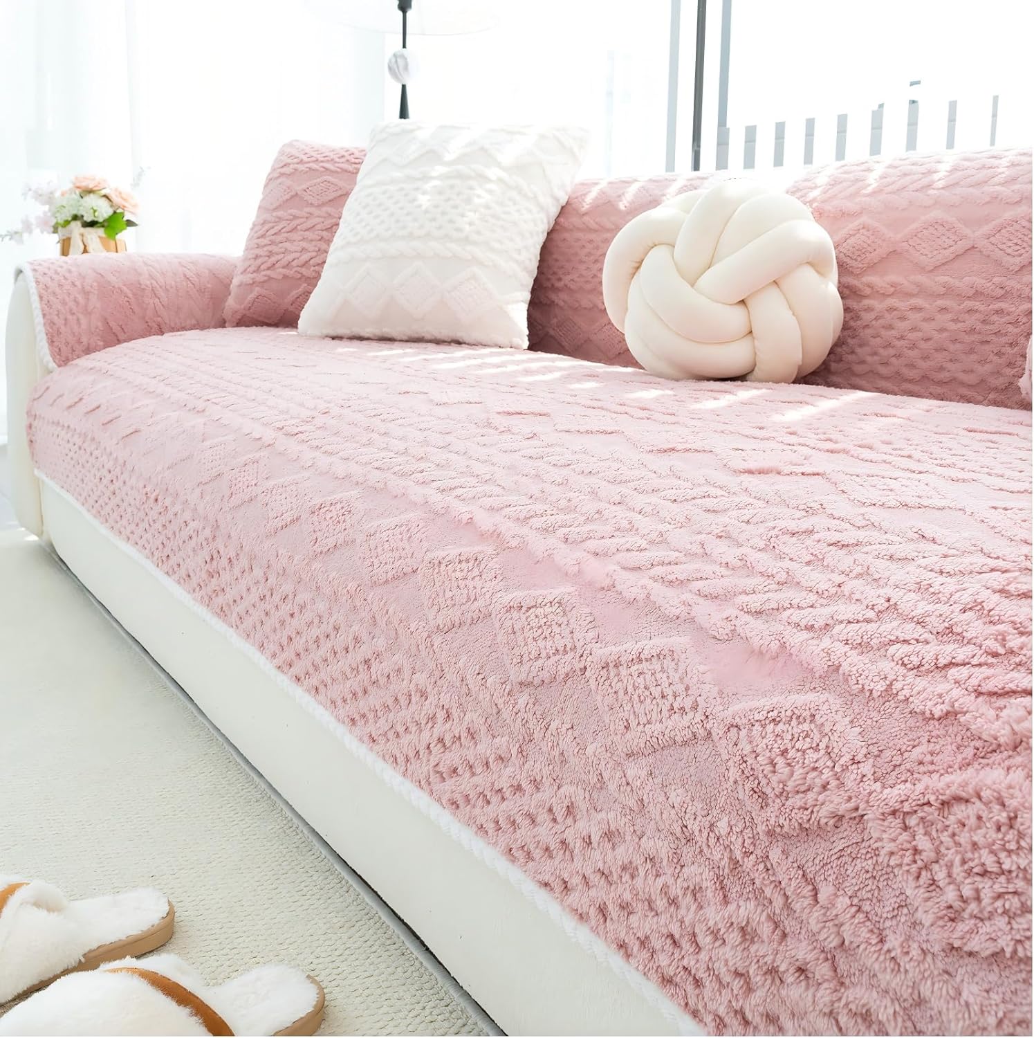 Geometric Jacquard Plush Warm Sofa Couch Cover, Soft Funny Fuzzy Couch Covers, Non Slip Sectional Sofa Slipcover, Cozy Washable Furniture Protector for Kids, Pets (Beige White, 28"x 28")