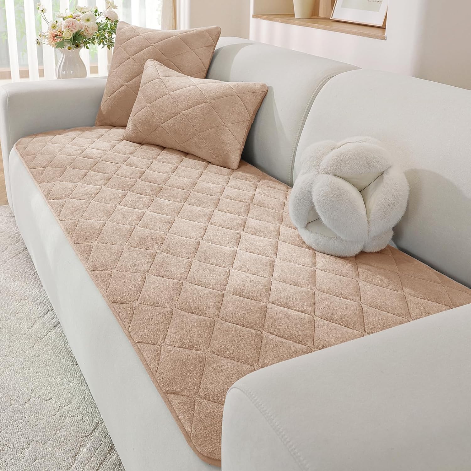Fuzzy Pet Couch Covers for Dogs Washable, Non Slip Couch Covers for 2 Cushion Couch Pet Friendly, Thick Soft Loveseat Covers, Dog Couch Cover Protector Couches Mat (27.6" X 59", Beige)