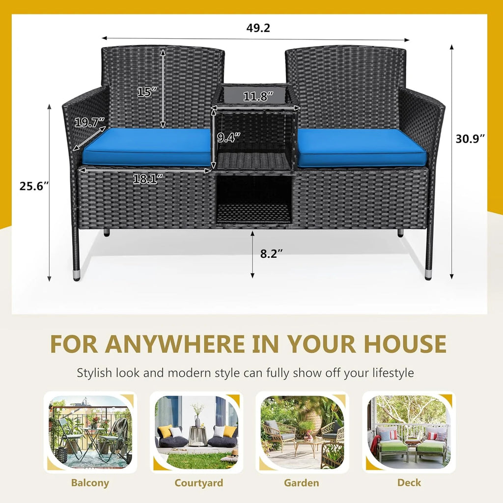 Outdoor Furniture Patio Loveseat Wicker 2-Seat with Built-in Table and Cushions Rattan Porch Chairs Bench for Balcony, Lawn, Backyard (Beige)