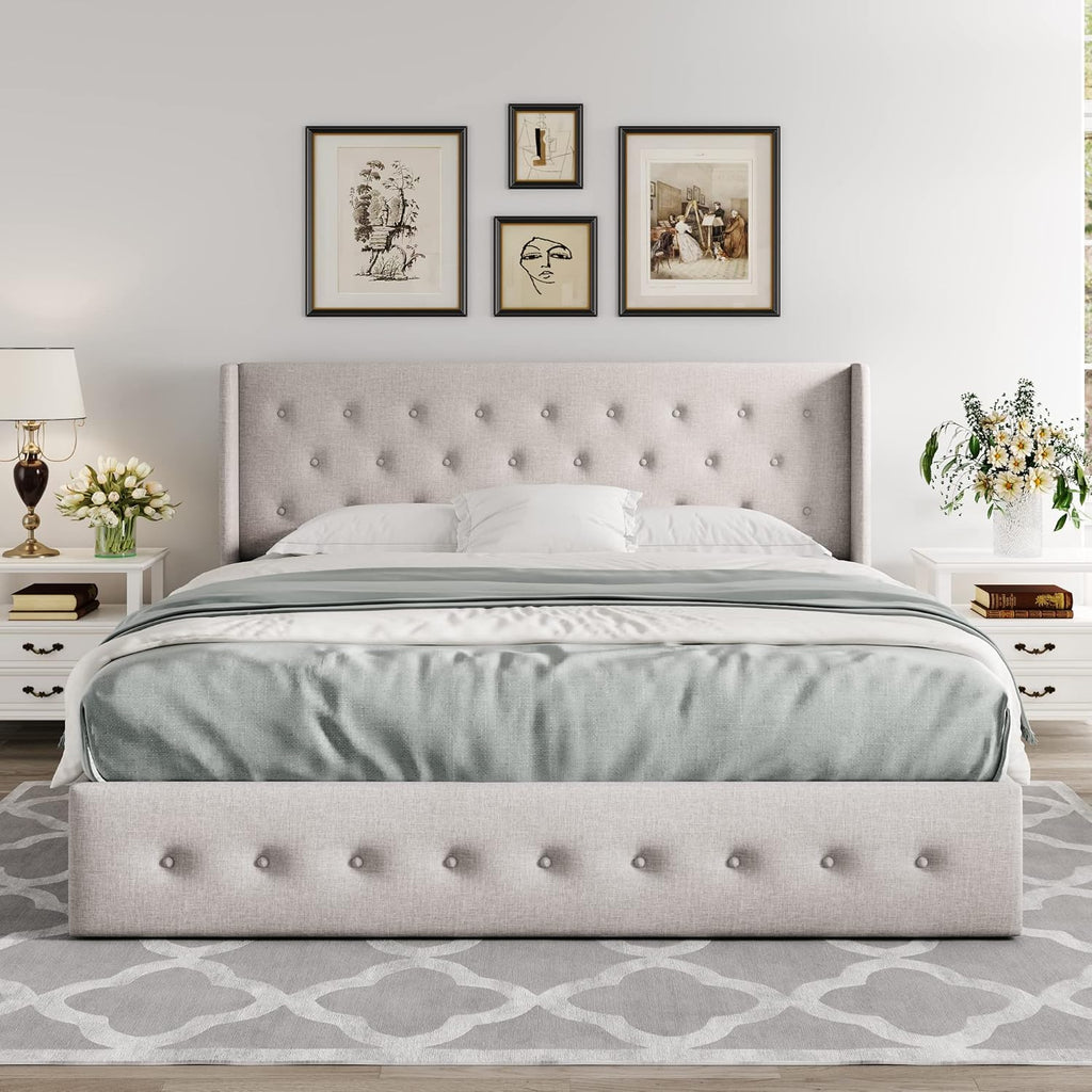 Queen Size Lift Up Storage Bed, Modern Wingback Headboard, Hydraulic Support, No Box Spring Needed, Light Beige