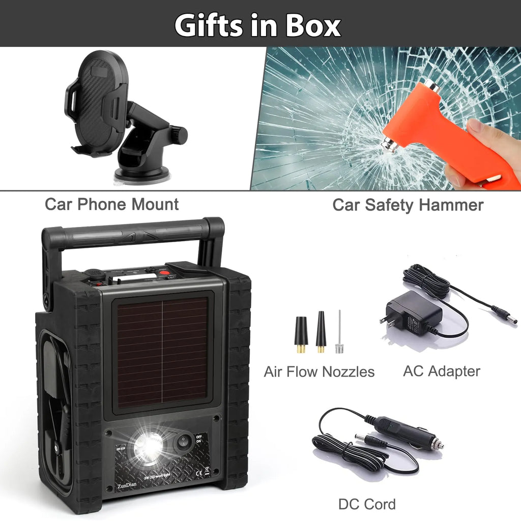 ZD-529 Solar Portable Power Station 2000 Amps Jump Starter, 260 PSI Air Compressor, 12V Car Battery Charger with 400W Inverter Dual AC/DC/USB Output, Emergency Backup Power with Flashlights