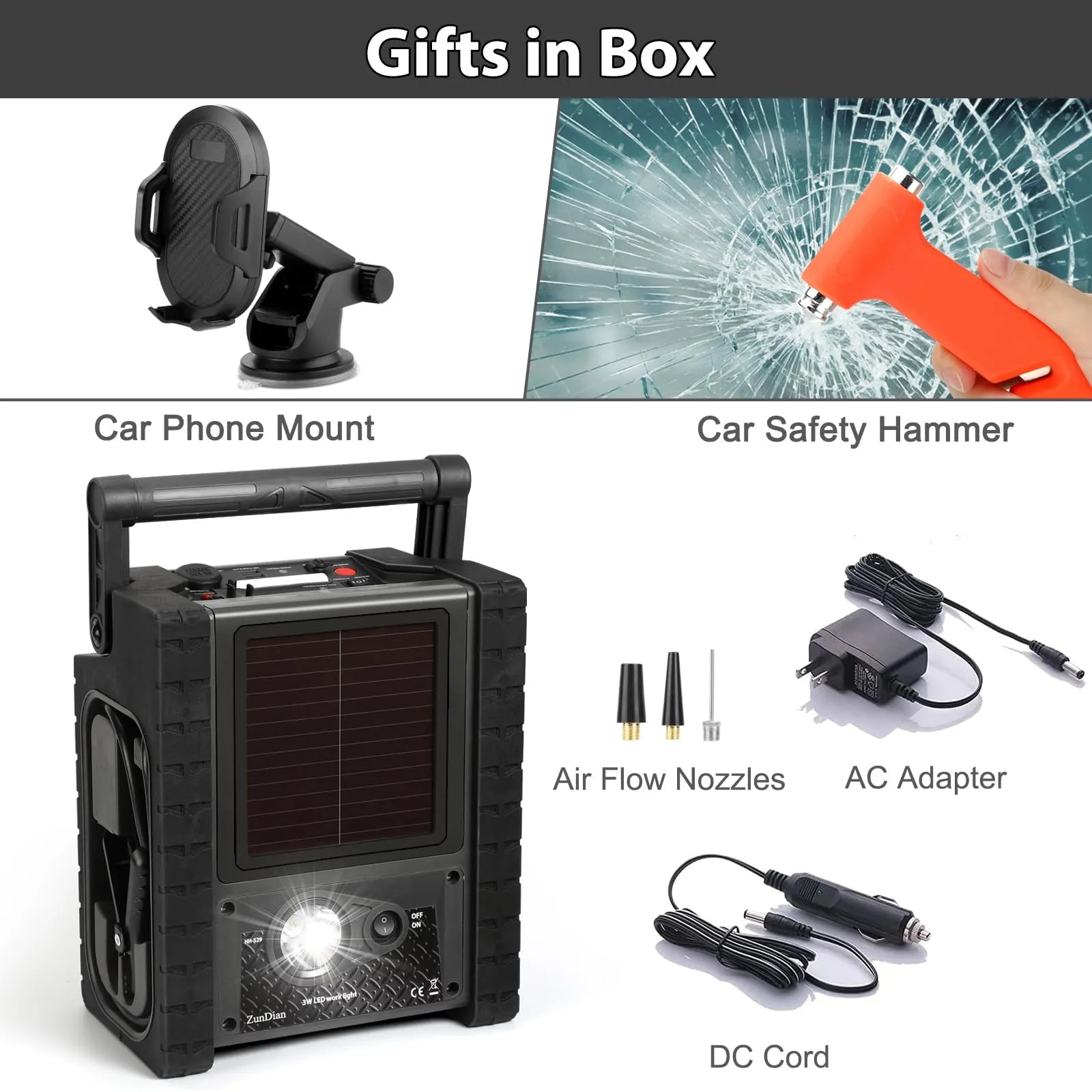 ZD-529 Solar Portable Power Station 2000 Amps Jump Starter, 260 PSI Air Compressor, 12V Car Battery Charger with 400W Inverter Dual AC/DC/USB Output, Emergency Backup Power with Flashlights